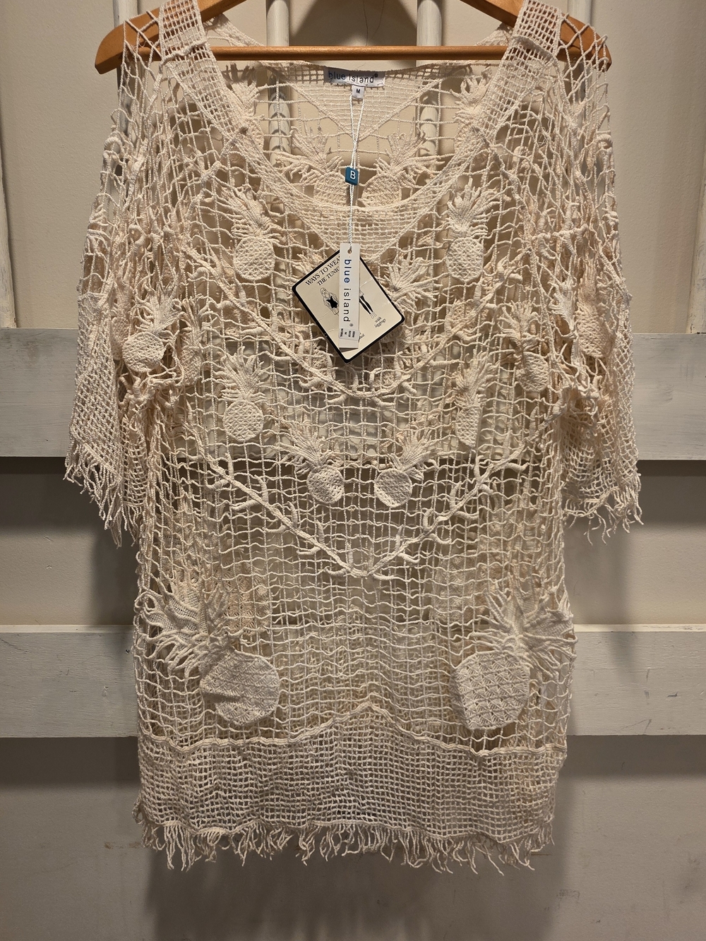 BLUE ISLAND Cream Pineapple Crochet Knit Swim Cover Up, Boho Beach NWT - Picture 3 of 9
